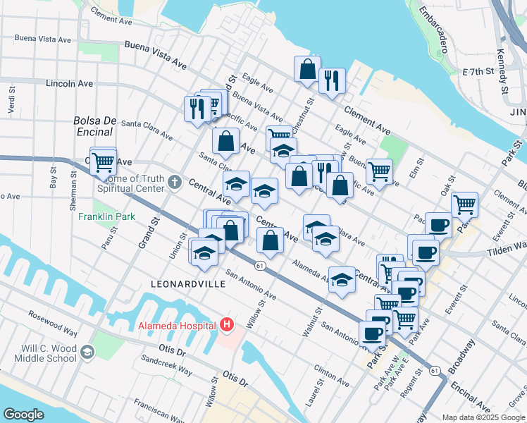 map of restaurants, bars, coffee shops, grocery stores, and more near 2025 Central Avenue in Alameda