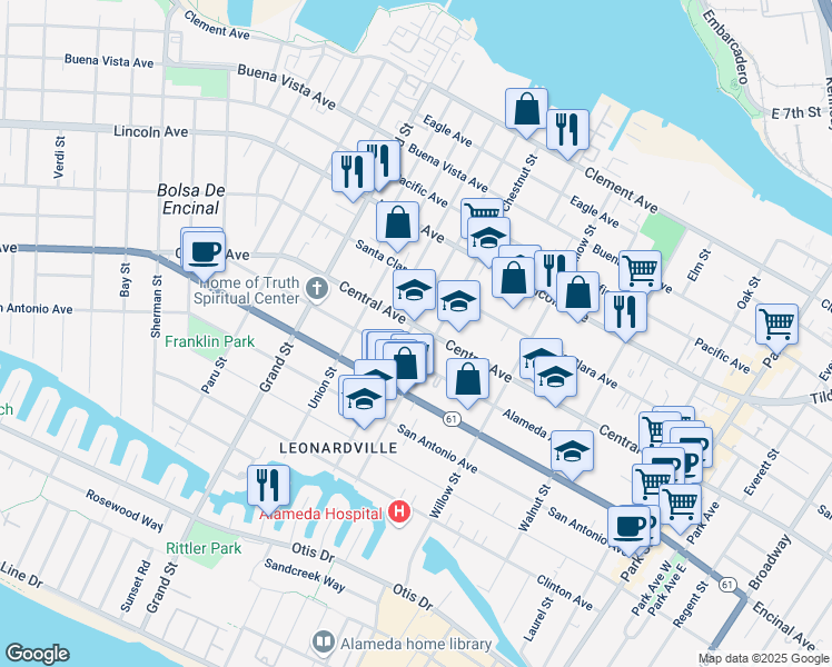 map of restaurants, bars, coffee shops, grocery stores, and more near 1912 Central Avenue in Alameda