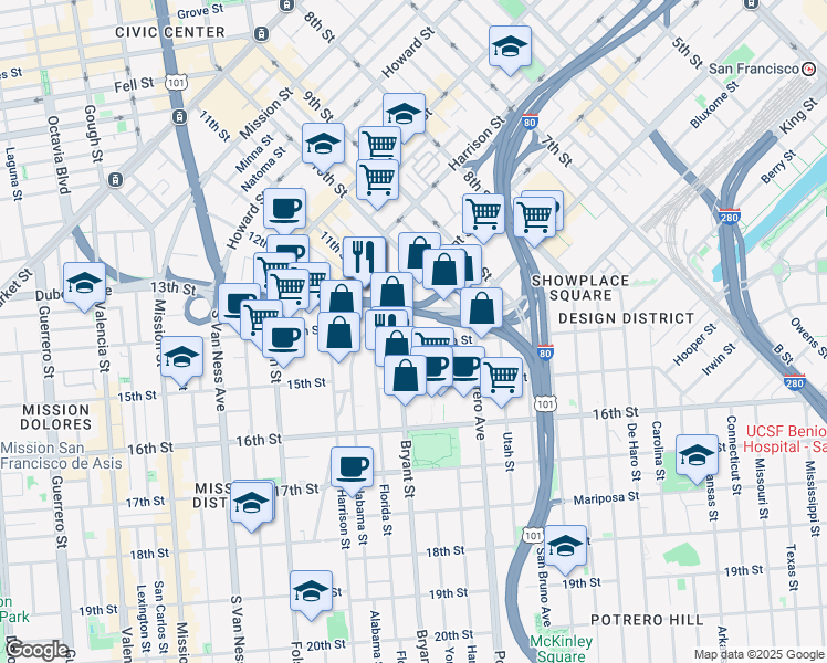 map of restaurants, bars, coffee shops, grocery stores, and more near in San Francisco