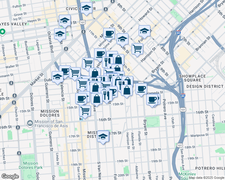 map of restaurants, bars, coffee shops, grocery stores, and more near 77 14th Street in San Francisco