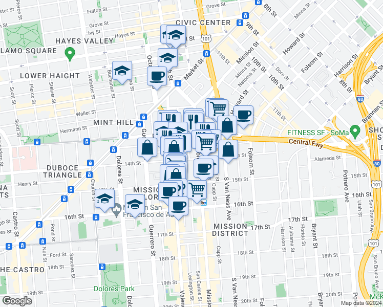 map of restaurants, bars, coffee shops, grocery stores, and more near 344 14th Street in San Francisco