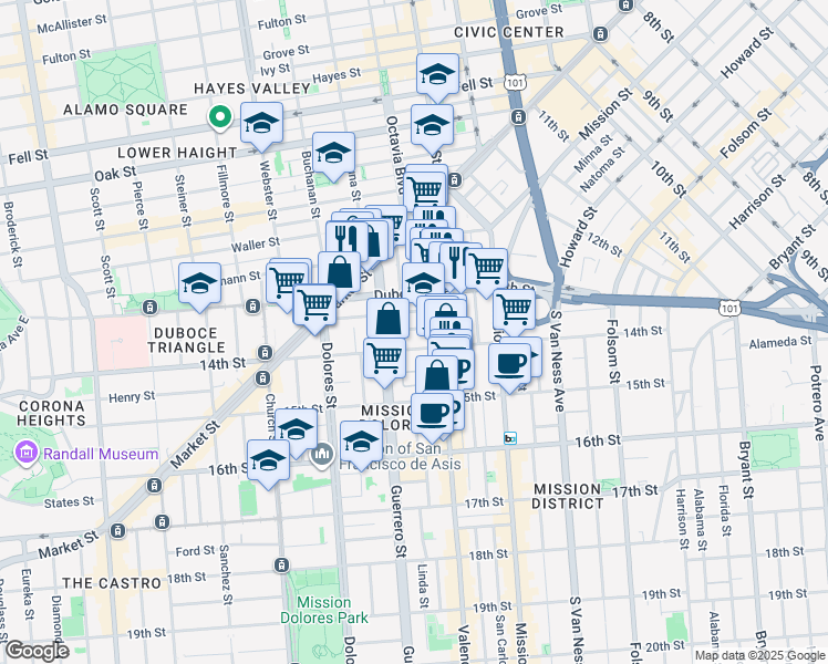 map of restaurants, bars, coffee shops, grocery stores, and more near 85B-B Brosnan Street in San Francisco