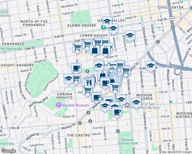 map of restaurants, bars, coffee shops, grocery stores, and more near 44 Sanchez Street in San Francisco