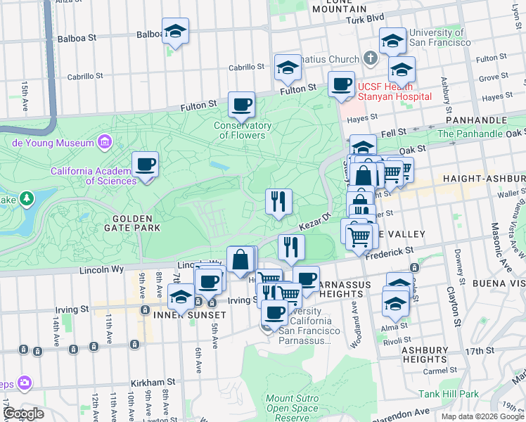 map of restaurants, bars, coffee shops, grocery stores, and more near 588 Kezar Dr in San Francisco
