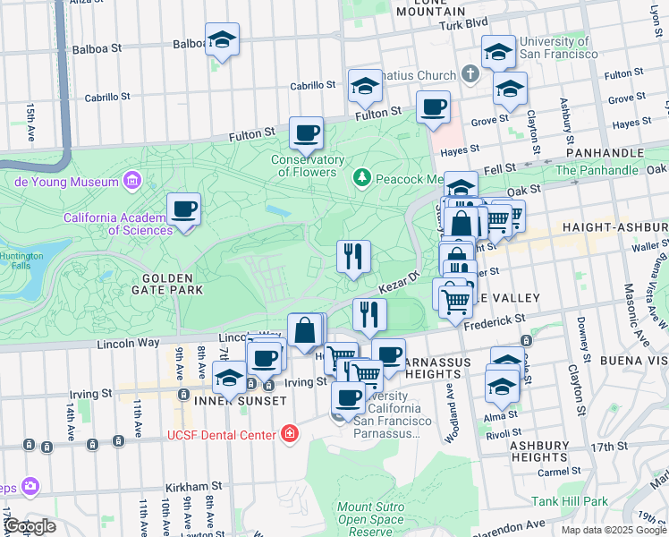map of restaurants, bars, coffee shops, grocery stores, and more near 320 Bowling Green Drive in San Francisco