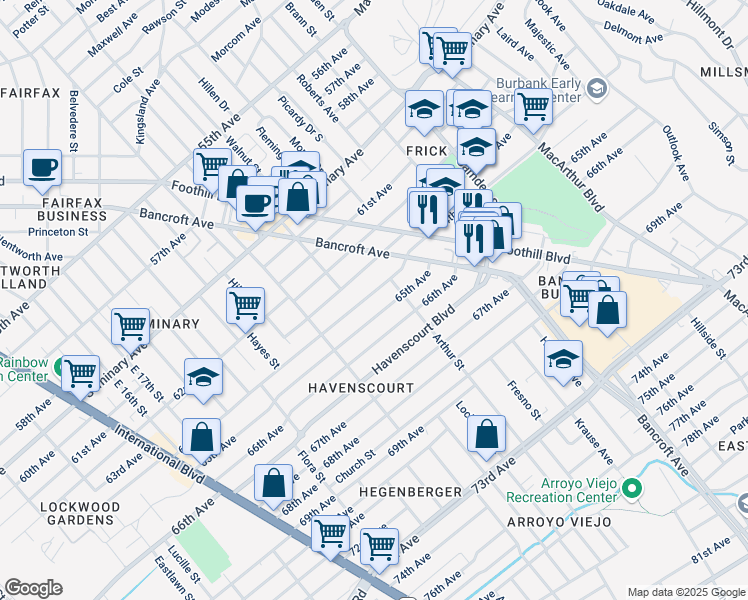 map of restaurants, bars, coffee shops, grocery stores, and more near 2526 64th Avenue in Oakland