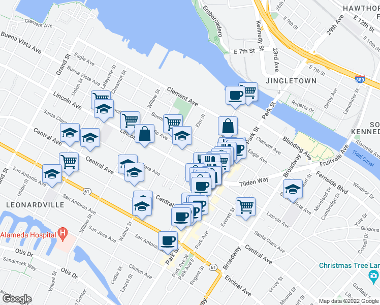 map of restaurants, bars, coffee shops, grocery stores, and more near 2232 Pacific Avenue in Alameda