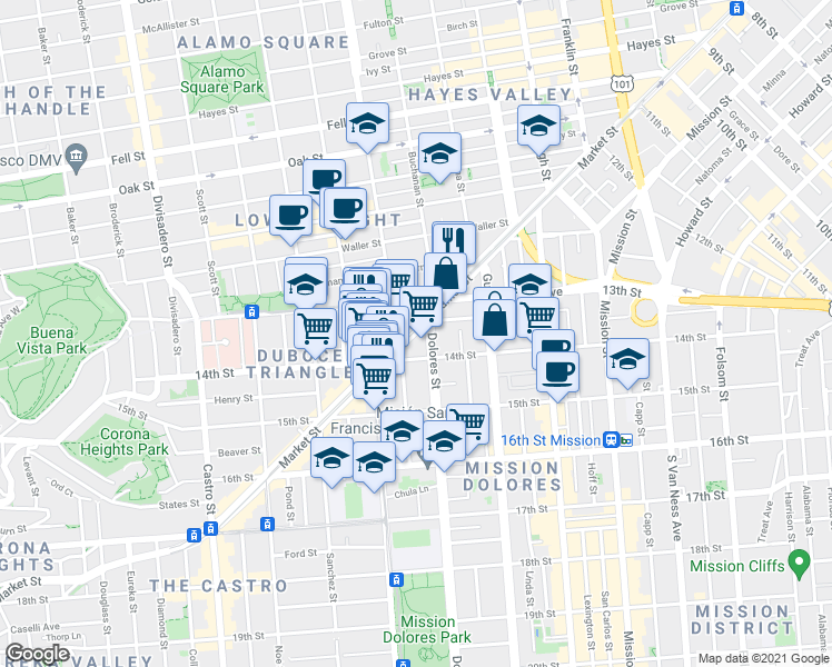 map of restaurants, bars, coffee shops, grocery stores, and more near 2027 Market St in San Francisco
