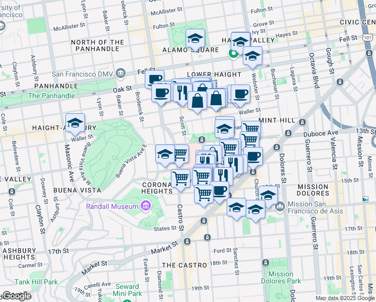 map of restaurants, bars, coffee shops, grocery stores, and more near 601 Duboce Avenue in San Francisco