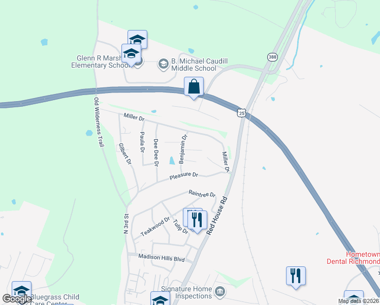 map of restaurants, bars, coffee shops, grocery stores, and more near 605 Benjamin Drive in Richmond