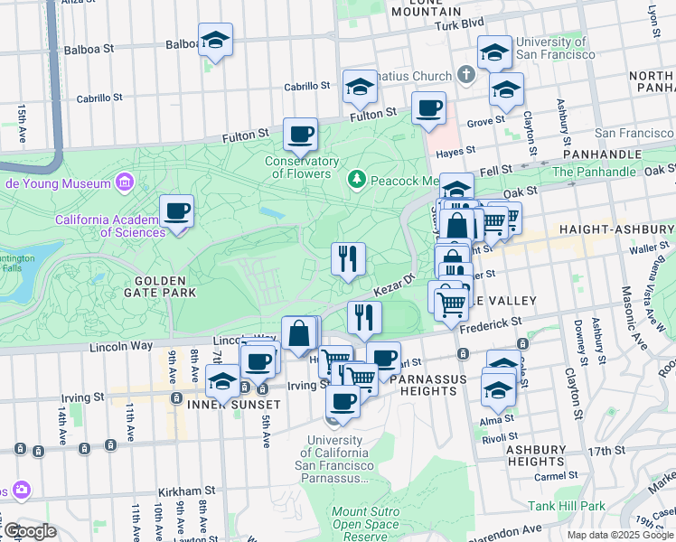 map of restaurants, bars, coffee shops, grocery stores, and more near 588 Kezar Drive in San Francisco