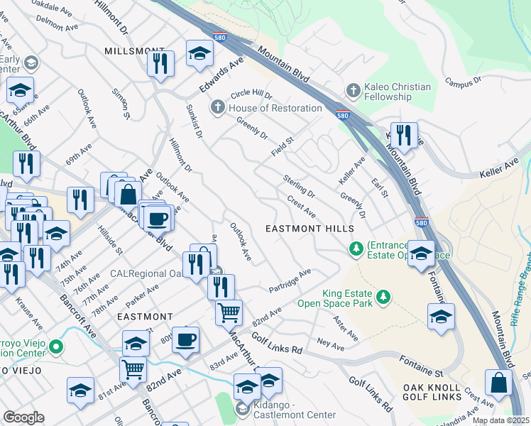 map of restaurants, bars, coffee shops, grocery stores, and more near 7833 Michigan Avenue in Oakland