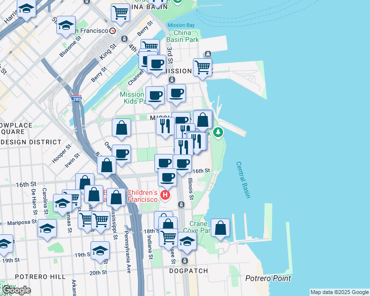 map of restaurants, bars, coffee shops, grocery stores, and more near 1725 3rd Street in San Francisco