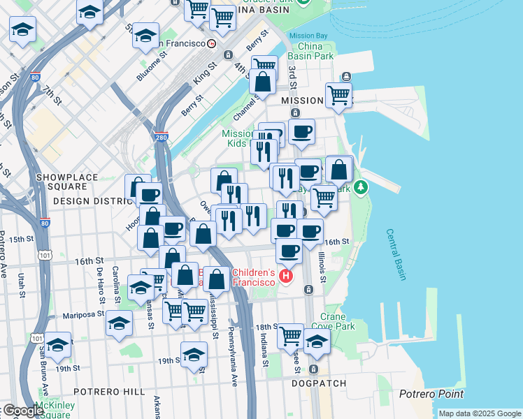 map of restaurants, bars, coffee shops, grocery stores, and more near 550 Gene Friend Way in San Francisco