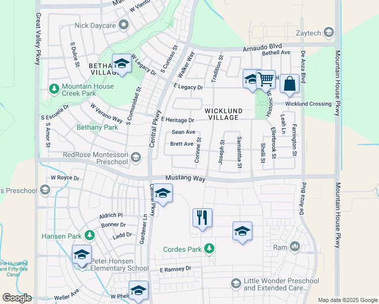 map of restaurants, bars, coffee shops, grocery stores, and more near 117 Felicia Avenue in Tracy