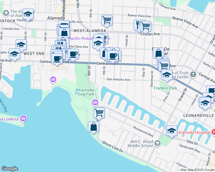 map of restaurants, bars, coffee shops, grocery stores, and more near 1170 9th Street in Alameda