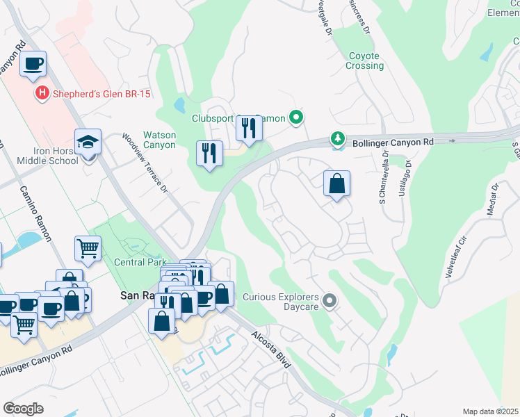 map of restaurants, bars, coffee shops, grocery stores, and more near 214 Copper Ridge Road in San Ramon