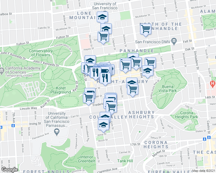 map of restaurants, bars, coffee shops, grocery stores, and more near 1587 Waller St in San Francisco