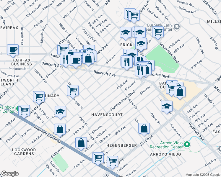 map of restaurants, bars, coffee shops, grocery stores, and more near 2526 64th Avenue in Oakland