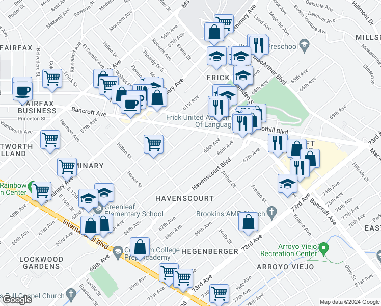 map of restaurants, bars, coffee shops, grocery stores, and more near 2526 64th Avenue in Oakland