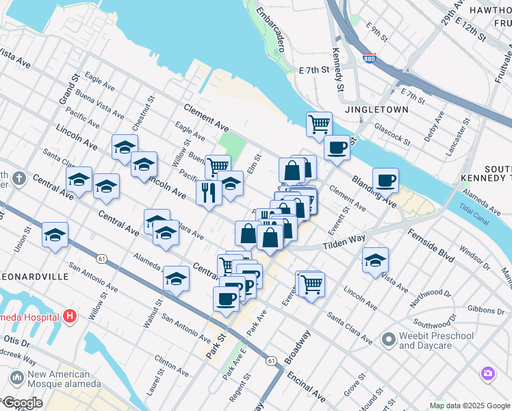 map of restaurants, bars, coffee shops, grocery stores, and more near 2255 Pacific Avenue in Alameda