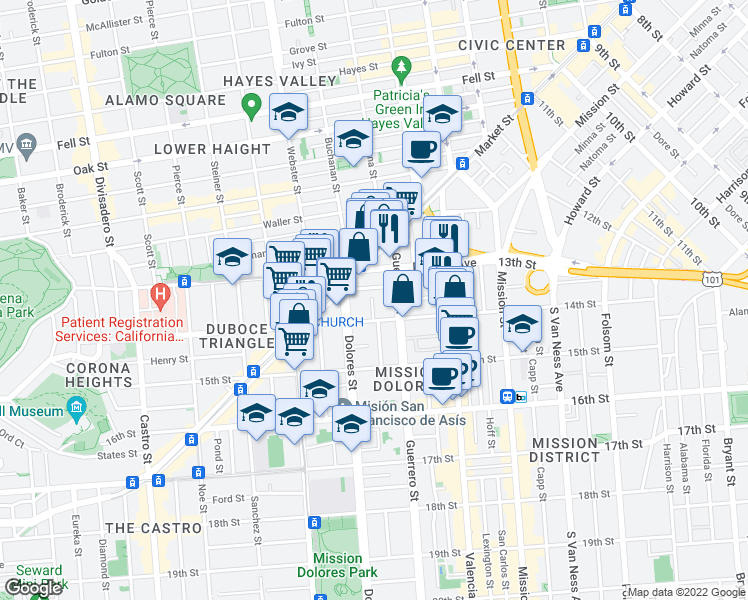map of restaurants, bars, coffee shops, grocery stores, and more near 35 Rosemont Place in San Francisco