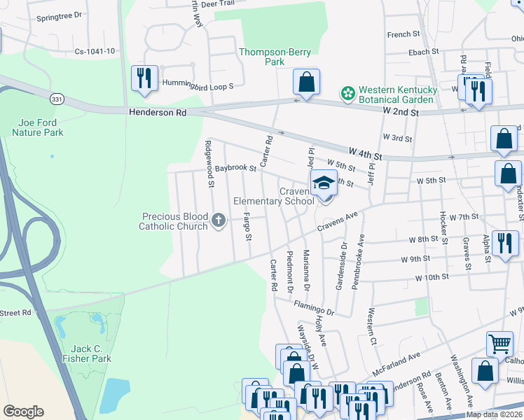 map of restaurants, bars, coffee shops, grocery stores, and more near 701 Carter Road in Owensboro