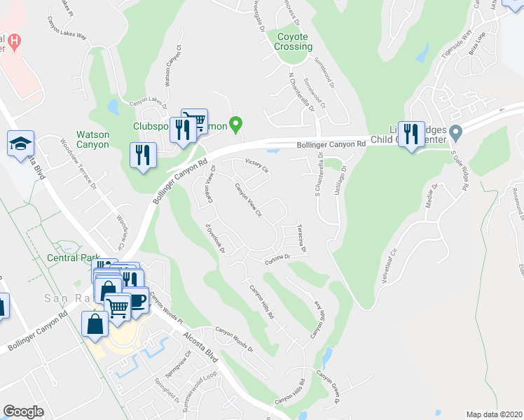 map of restaurants, bars, coffee shops, grocery stores, and more near 363 Eastridge Drive in San Ramon