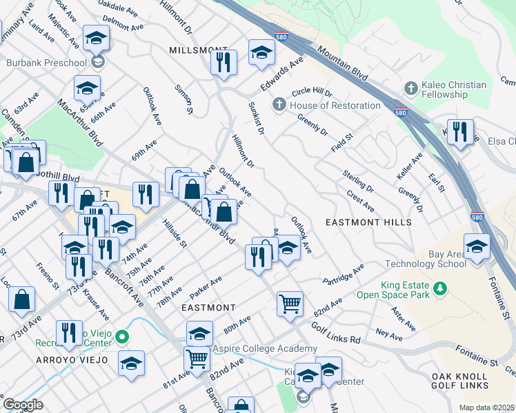 map of restaurants, bars, coffee shops, grocery stores, and more near 7641 Outlook Avenue in Oakland