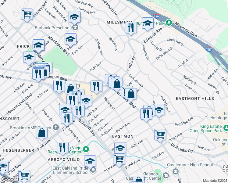 map of restaurants, bars, coffee shops, grocery stores, and more near in Oakland