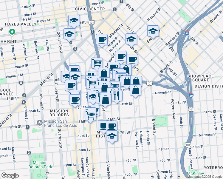 map of restaurants, bars, coffee shops, grocery stores, and more near 140 14th Street in San Francisco