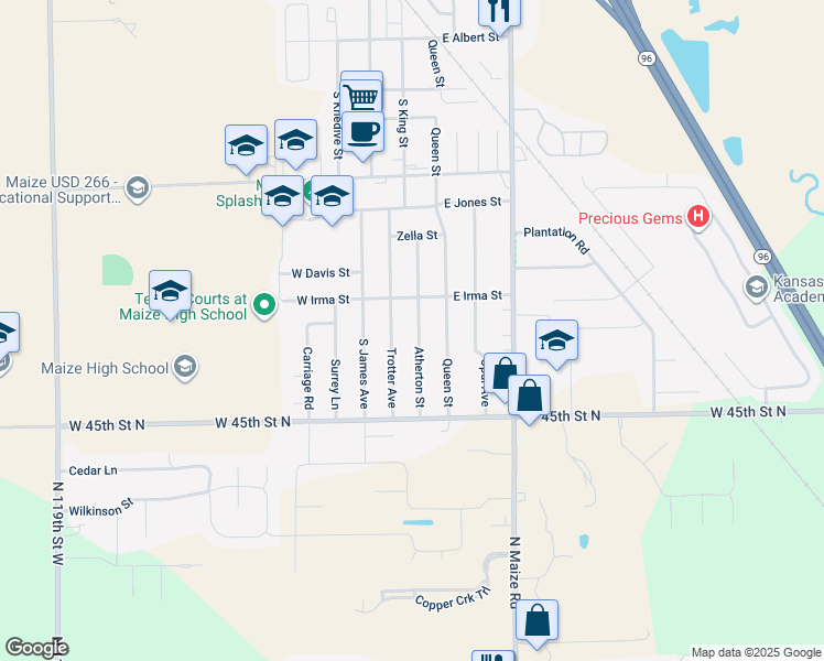 map of restaurants, bars, coffee shops, grocery stores, and more near 725 Atherton Street in Maize