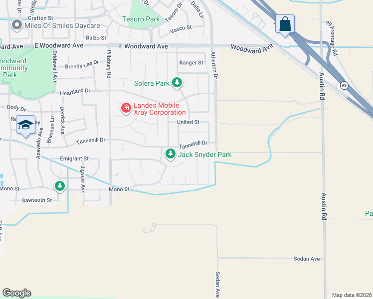 map of restaurants, bars, coffee shops, grocery stores, and more near 1526 Tannehill Drive in Manteca