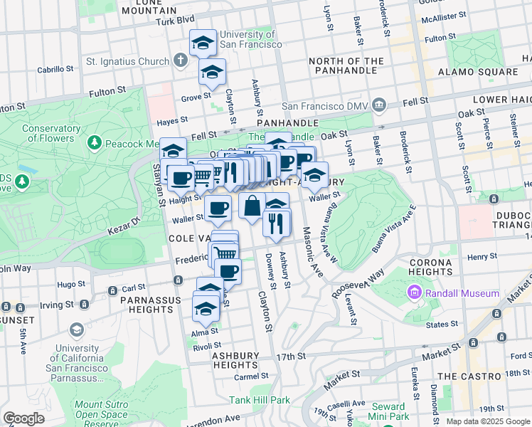 map of restaurants, bars, coffee shops, grocery stores, and more near 10 Downey Street in San Francisco