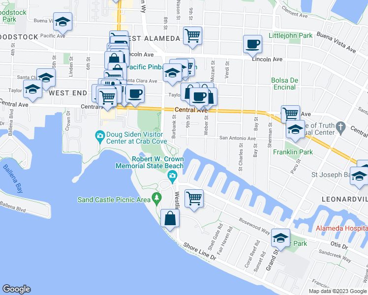 map of restaurants, bars, coffee shops, grocery stores, and more near 850 Portola Avenue in Alameda