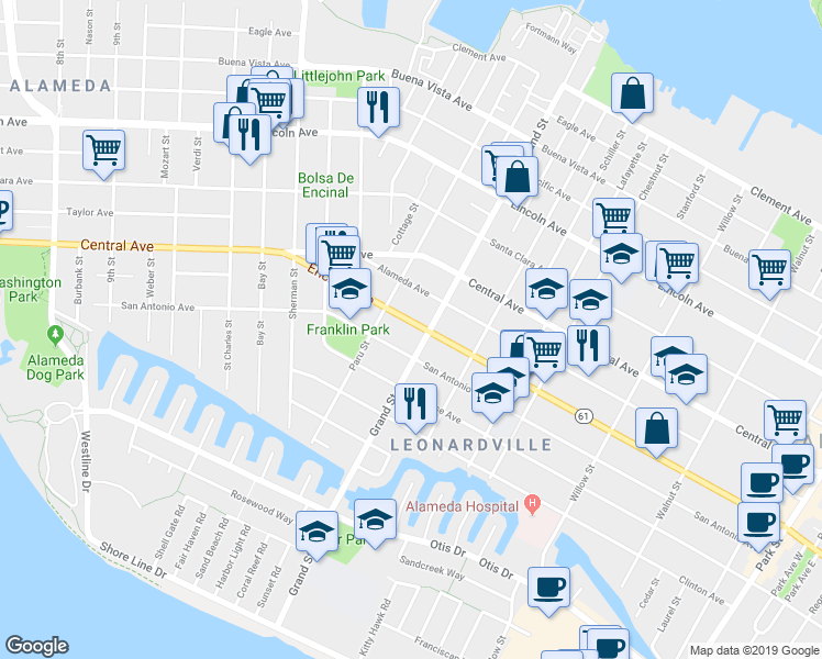 map of restaurants, bars, coffee shops, grocery stores, and more near 1626 Encinal Avenue in Alameda