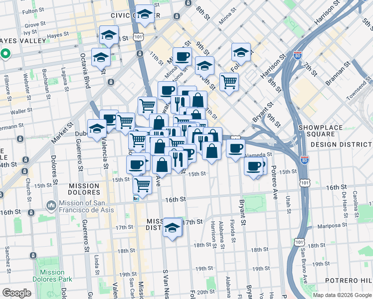 map of restaurants, bars, coffee shops, grocery stores, and more near 77 14th Street in San Francisco