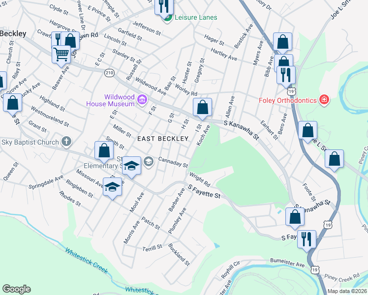map of restaurants, bars, coffee shops, grocery stores, and more near 101-299 Koch Avenue in Beckley