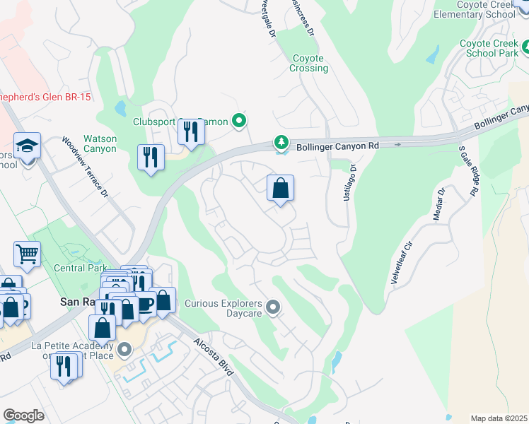 map of restaurants, bars, coffee shops, grocery stores, and more near 398 Eastridge Drive in San Ramon