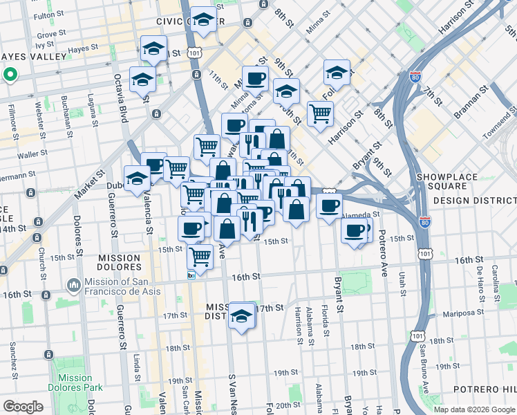 map of restaurants, bars, coffee shops, grocery stores, and more near 1779 Folsom Street in San Francisco