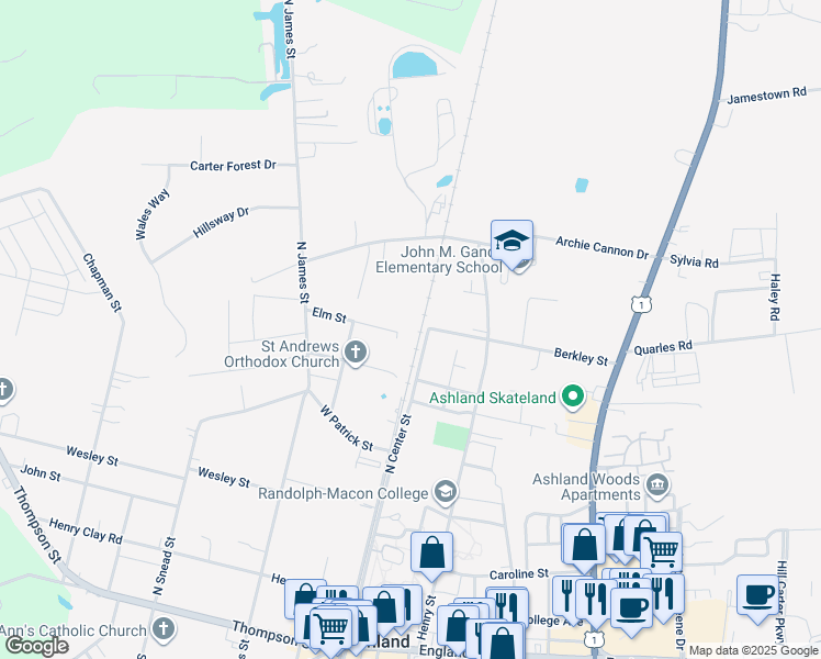 map of restaurants, bars, coffee shops, grocery stores, and more near 100 Elm Street in Ashland