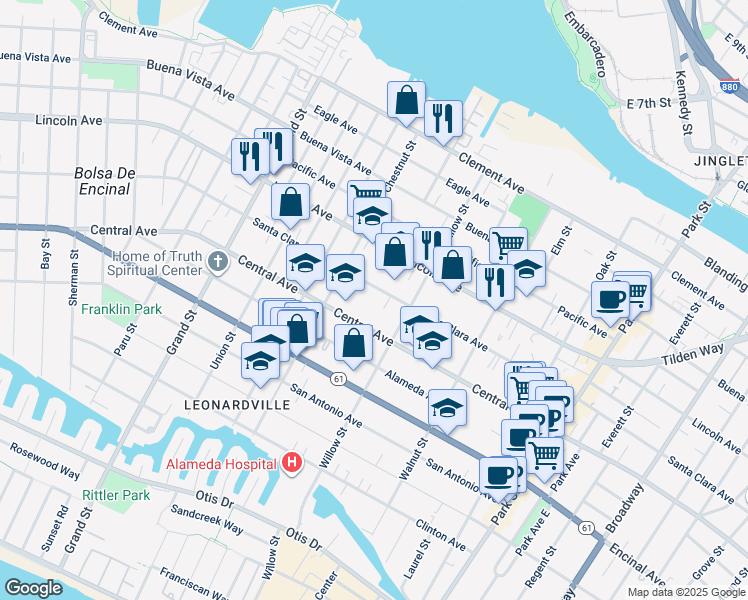 map of restaurants, bars, coffee shops, grocery stores, and more near 2040 Santa Clara Avenue in Alameda