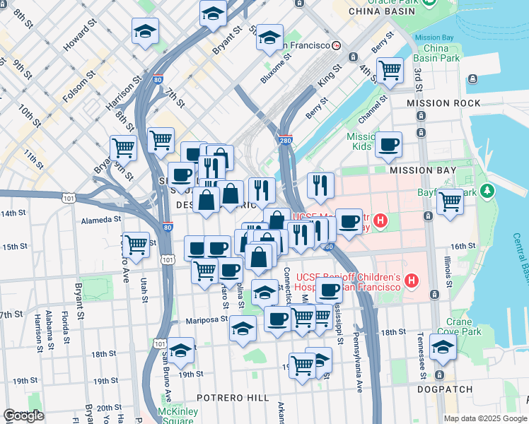 map of restaurants, bars, coffee shops, grocery stores, and more near 1140 7th Street in San Francisco