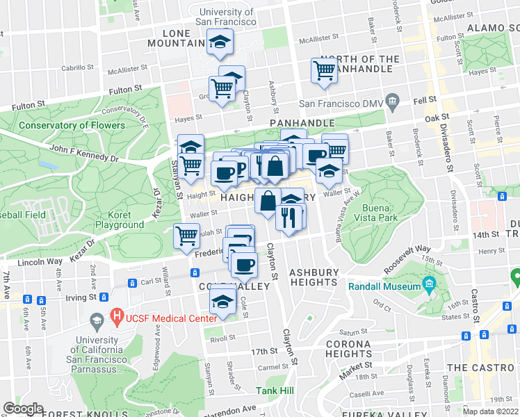 map of restaurants, bars, coffee shops, grocery stores, and more near 716 Clayton Street in San Francisco
