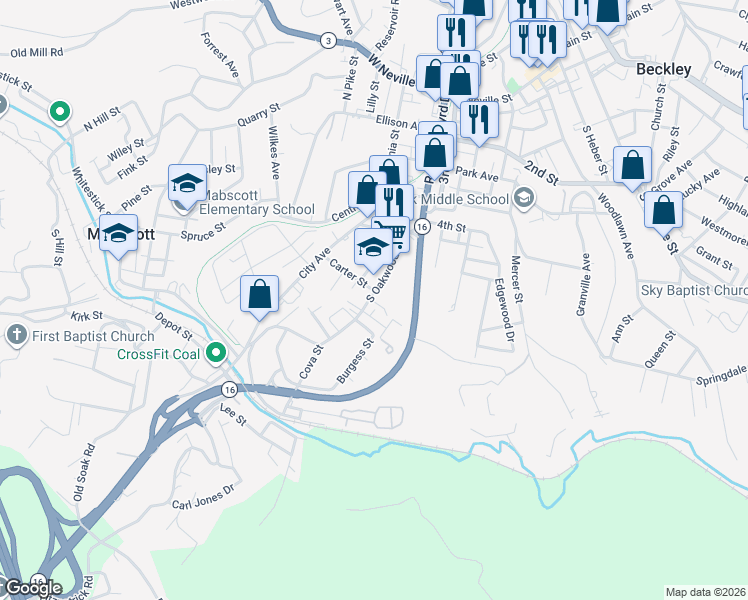 map of restaurants, bars, coffee shops, grocery stores, and more near 707 South Oakwood Avenue in Beckley