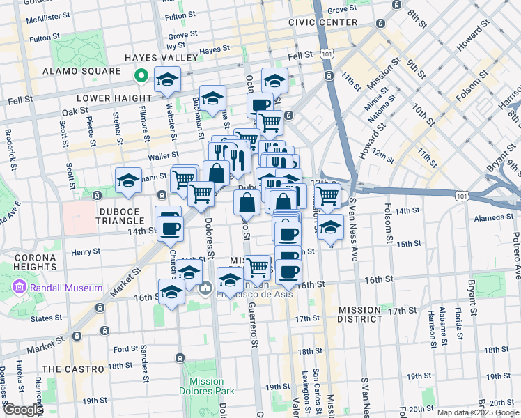 map of restaurants, bars, coffee shops, grocery stores, and more near Brosnan Street in San Francisco