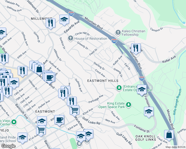 map of restaurants, bars, coffee shops, grocery stores, and more near 7883 Sunkist Drive in Oakland