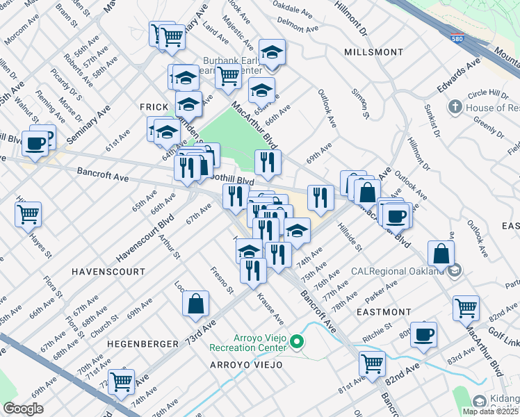 map of restaurants, bars, coffee shops, grocery stores, and more near in Oakland