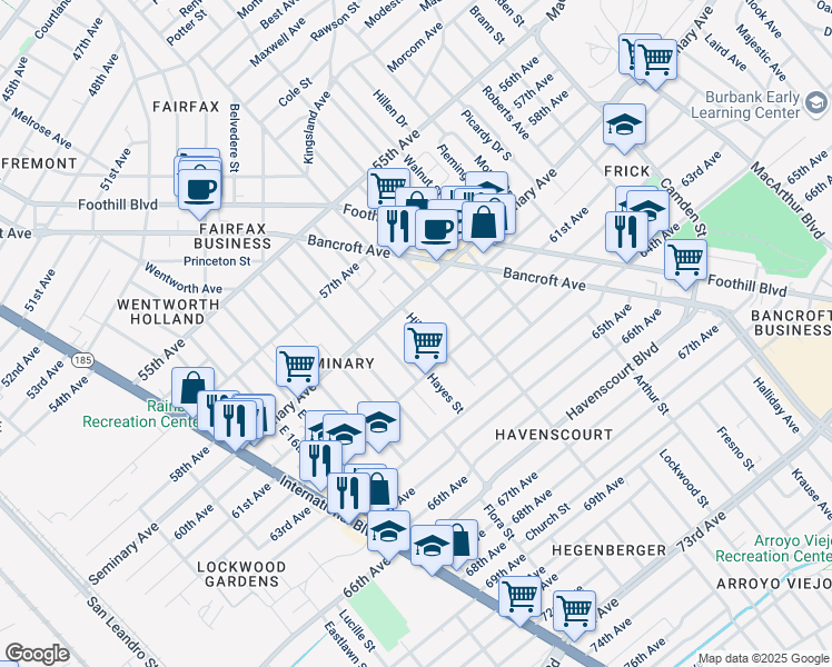 map of restaurants, bars, coffee shops, grocery stores, and more near 5947 Hilton Street in Oakland