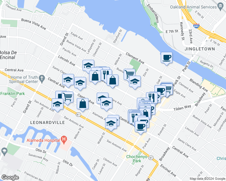 map of restaurants, bars, coffee shops, grocery stores, and more near 2136 Lincoln Avenue in Alameda